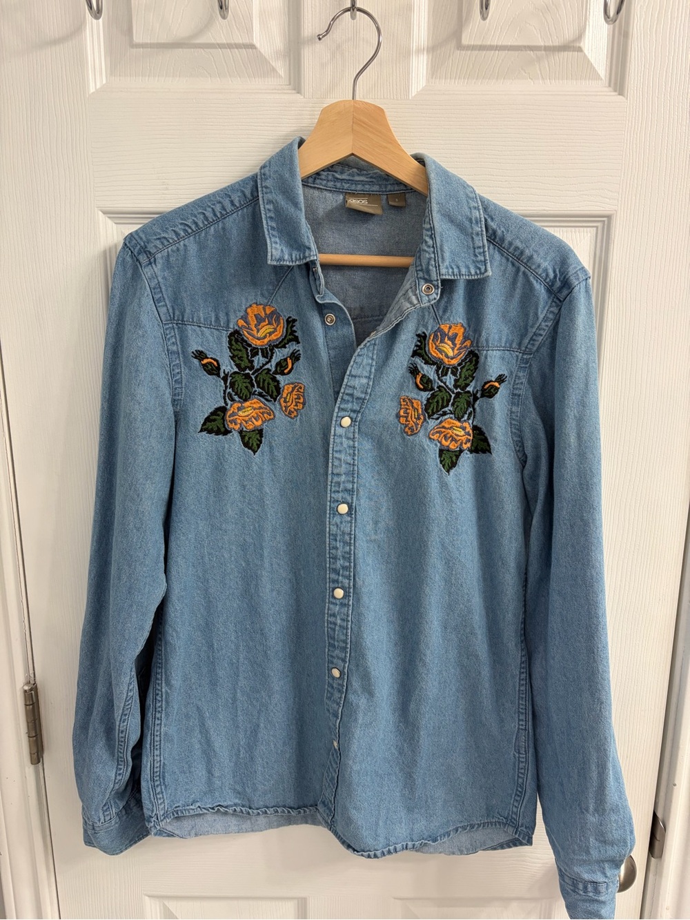 ASOS Light Blue Denim Shirt with Embroidered Yellow Rose Detail